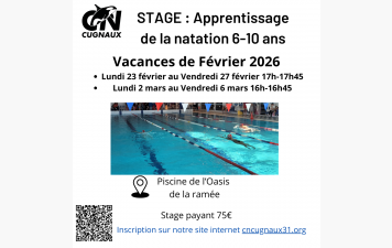 STAGE D'APPRENTISSAGE DE LA NATATION 6-10 ANS - Vacances de Février 2026